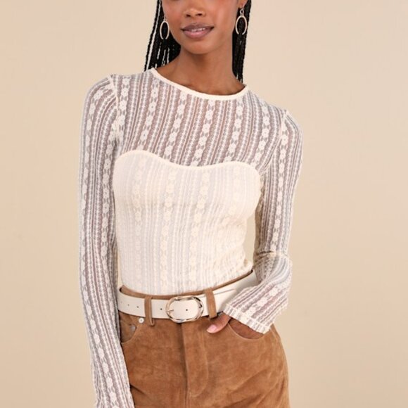 Lulus Sheer Passion Cream Sheer Lace Long Sleeve Top Beige - Size L - Picture 1 of 1